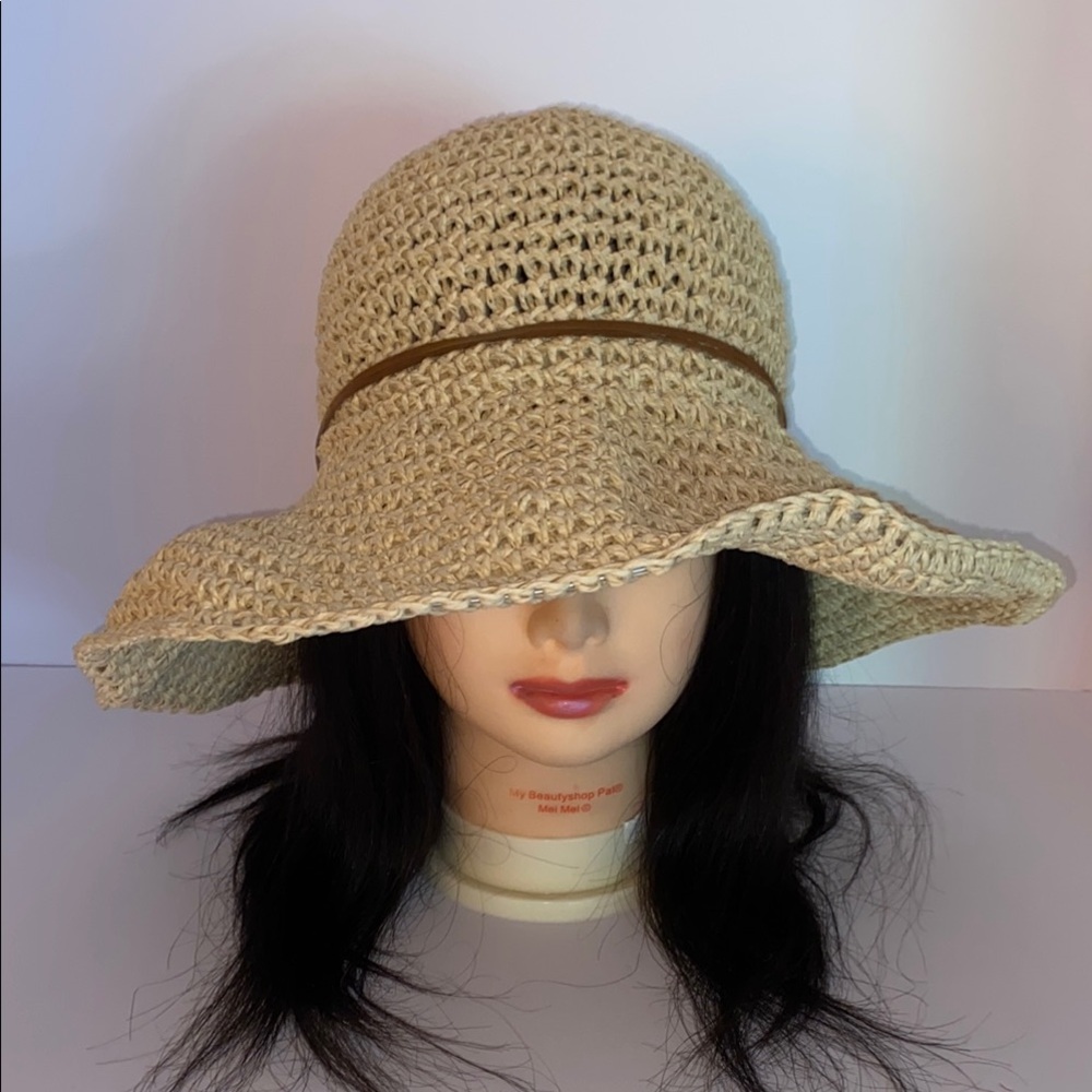 Natural Straw Wide Brim Packable Adjustable with Brown Leather Bow Hat SZ:OS